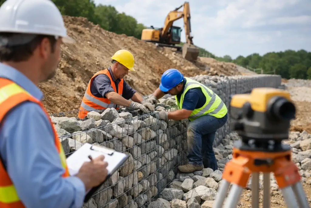 Construção de muro gabião com controle técnico